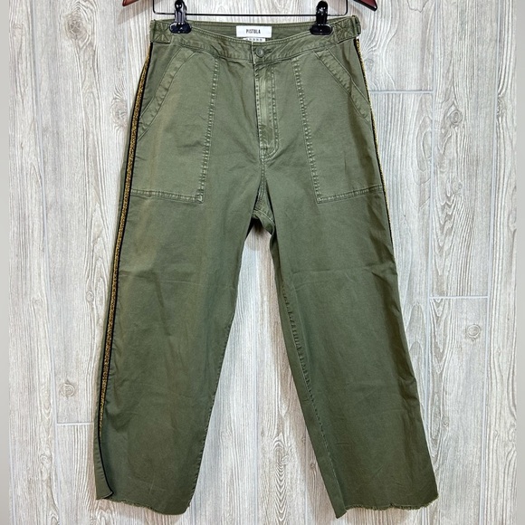 Pistola Army Green Ankle Cropped Pants Gold Metallic Tuxedo Stripe Size 28 - Picture 1 of 14